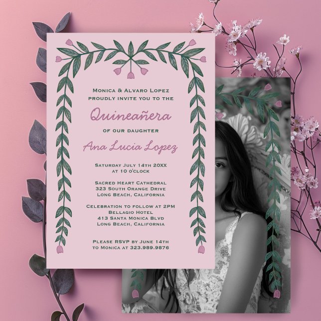 Quinceañera Floral Frame Custom Photo  Invitation (Quinceañera Floral Frame Custom Photo Invitation
)