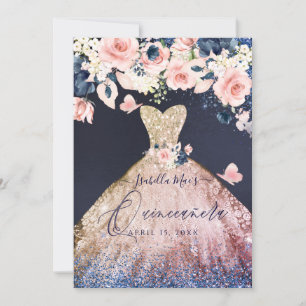 Quinceanera Floral Glitter Gown Ombre Rose Gold Invitation