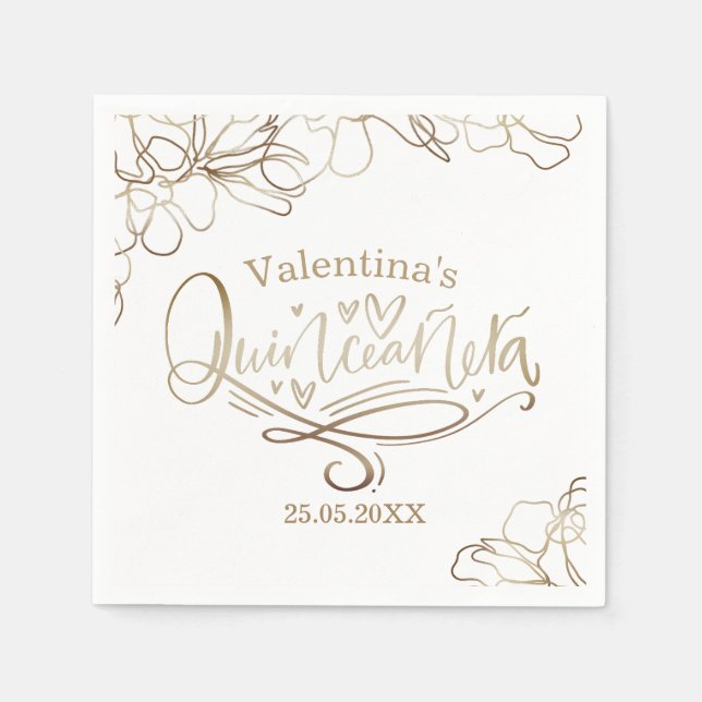 Quinceañera floral gold 15th birthday napkin (Front)