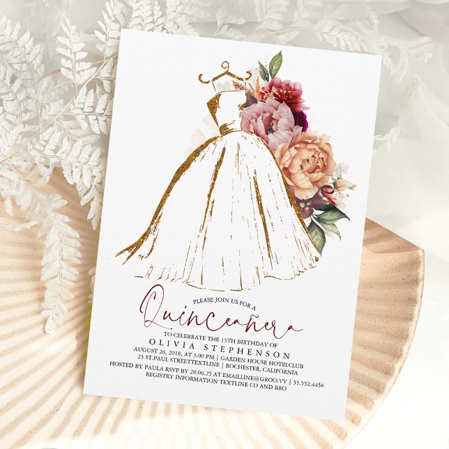 Quinceañera Floral Gold Dress 15th Birthday Invitation (Creator Uploaded)