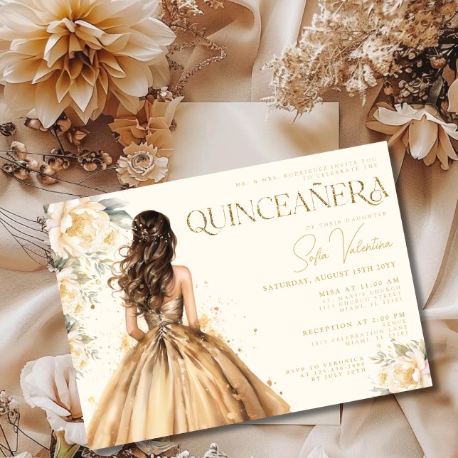 Quinceañera Floral Gold Dress Champagne Gown Invitation (Quinceañera Floral Gold Dress Champagne Gown Invitation)