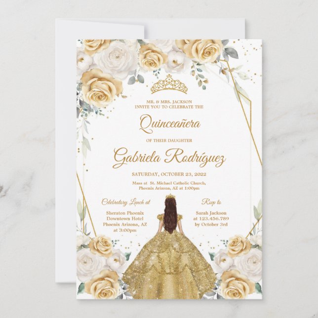 Quinceanera Floral Gold Invitation (Front)