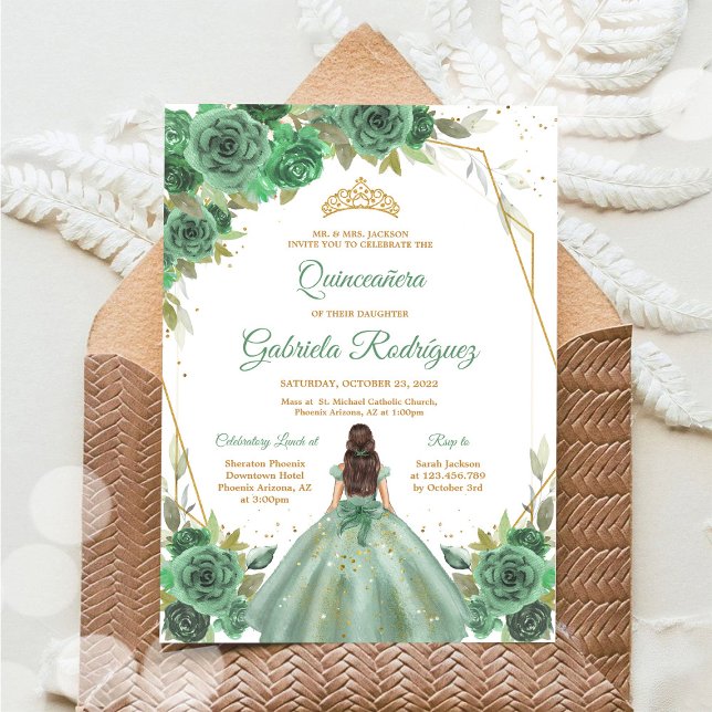 Quinceanera Floral Green Gold Invitation (Creator Uploaded)