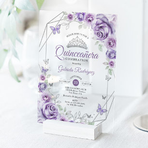 Quinceanera Floral Lilac Purple Silver Acrylic Invitations