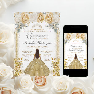 Quinceanera Floral Luxe Gold Arch Birthday Invitation