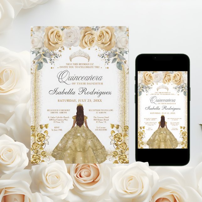 Quinceanera Floral Luxe Gold Arch Birthday Invitation (Creator Uploaded)