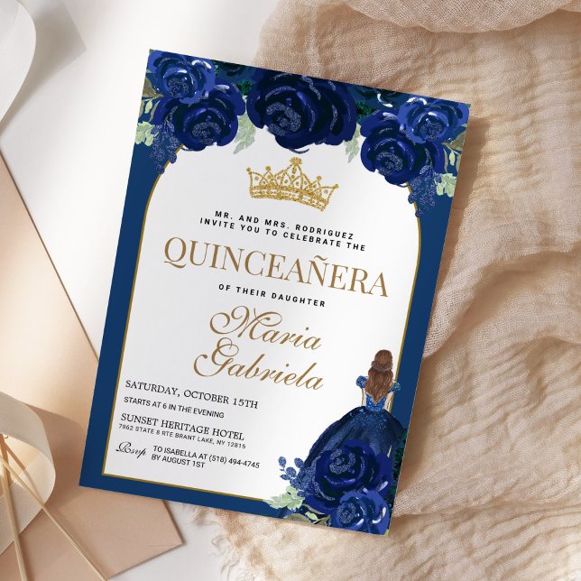 Quinceanera Floral Navy Blue Gold Mis Quince Anos Invitation (Creator Uploaded)