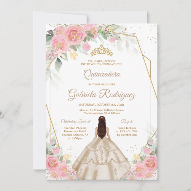 Quinceanera Floral Pink Gold Invitation (Front)