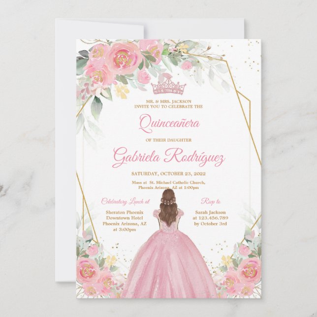 Quinceanera Floral Pink Gold Invitation (Front)