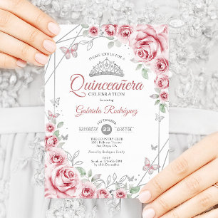 Quinceanera Floral Pink Silver Invitation