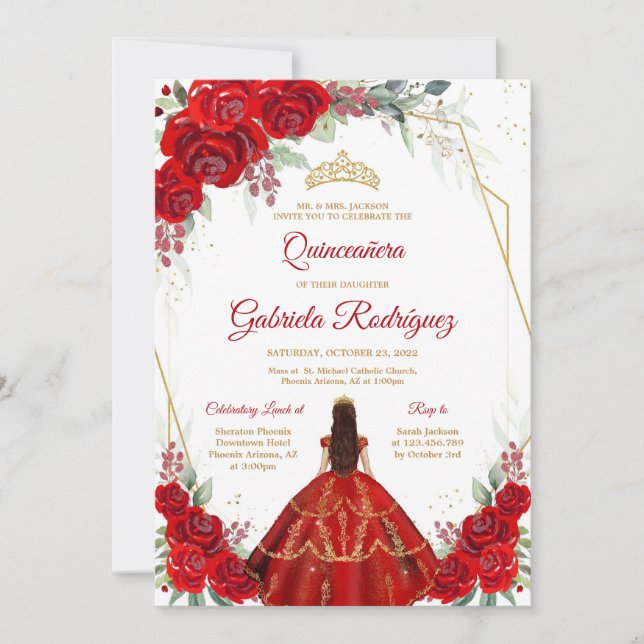 Quinceanera Floral Red Gold Invitation (Front)