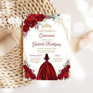 Quinceanera Floral Red Rose Gold Invitation