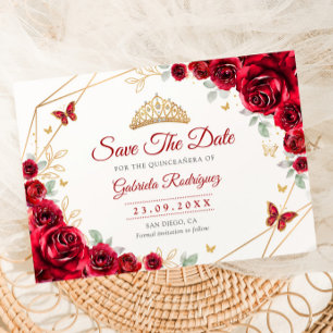 Quinceanera Floral Red Roses Gold Save The Date
