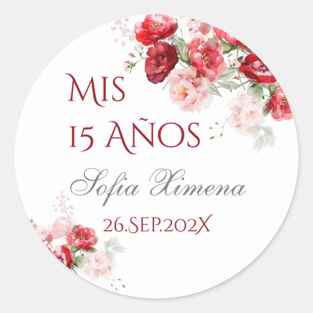 Quinceañera floral rojo classic round sticker (Front)