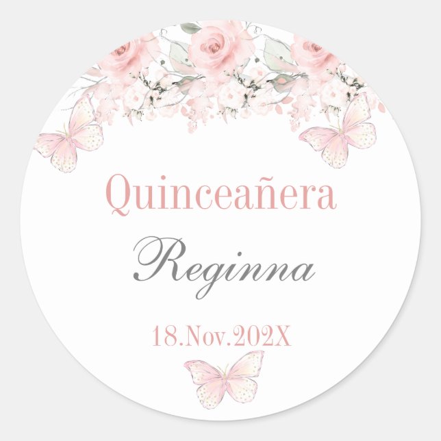 Quinceañera floral rosa classic round sticker (Front)
