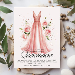 Quinceañera Floral Rose Gold Dress 15th Birthday Thank You Card