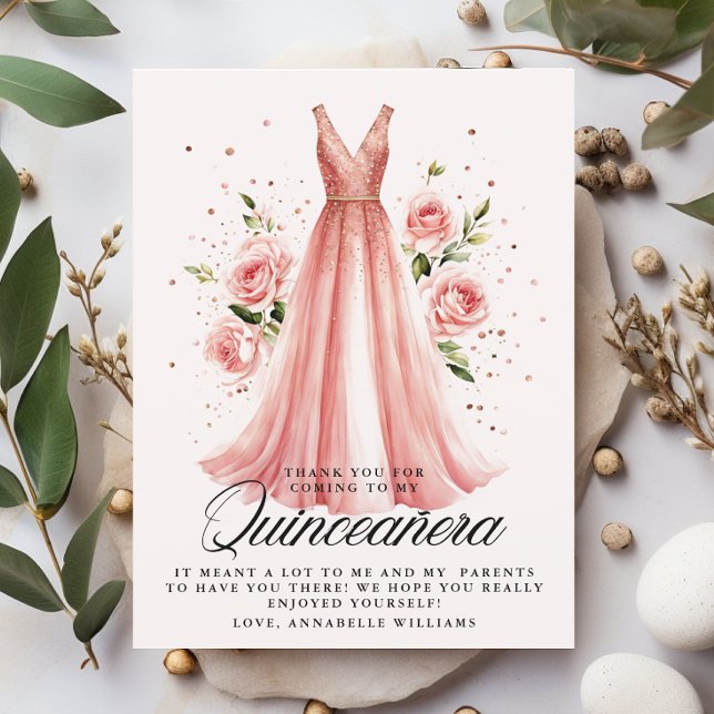 Quinceañera Floral Rose Gold Dress 15th Birthday  Thank You Card (Creator Uploaded)