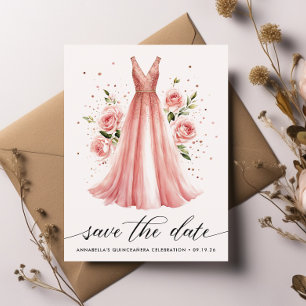 Quinceañera Floral Rose Gold Dress Save The Date Postcard