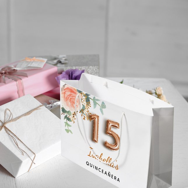 Quinceanera floral rose gold eucalyptus monogram large gift bag (Creator Uploaded)