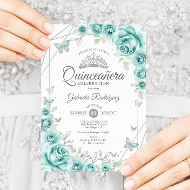 Quinceanera Floral Turquoise Silver Invitation (Creator Uploaded)