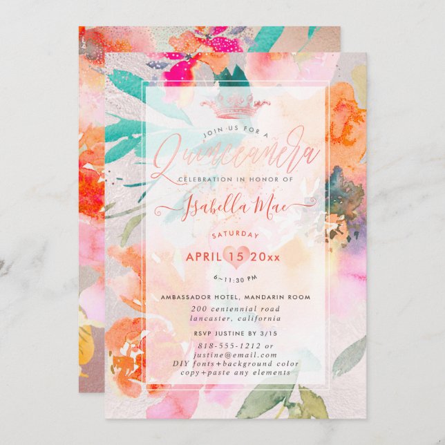 Quinceanera Floral Watercolor Garden Roses Invitation (Front/Back)