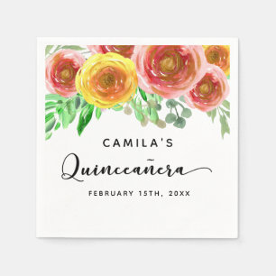 Quinceañera Floral Watercolor Modern Greenery Napkin