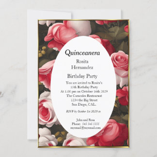 Quinceanera flowers red white roses Birthday Invitation