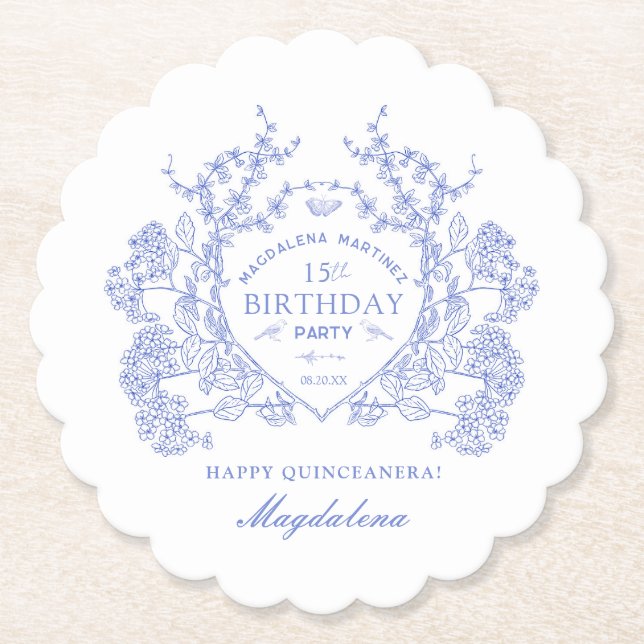 Quinceanera French Blue Floral Crest Custom Paper Coaster (Front)