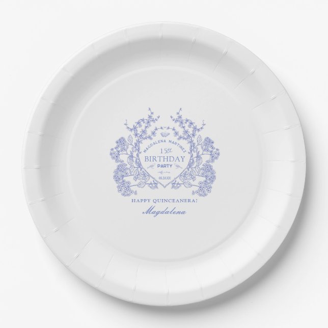 Quinceanera French Blue Floral Crest Custom Paper Plate (Front)