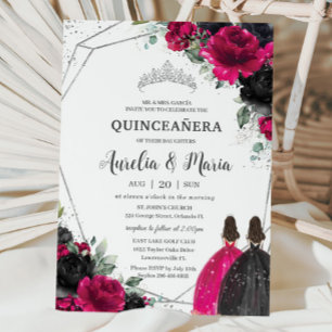 Quinceañera Fuchsia Black Floral Twins Silver Invitation