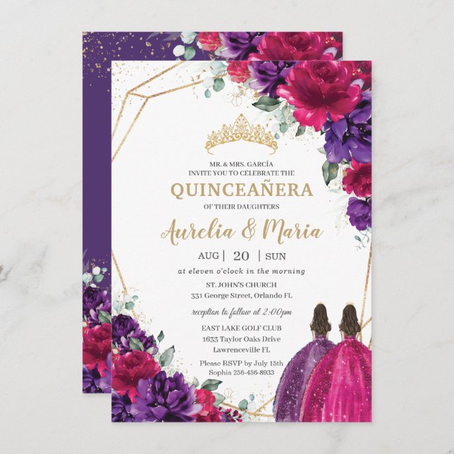 Quinceañera Fuchsia Dark Purple Floral Roses Twins Invitation (Front/Back)