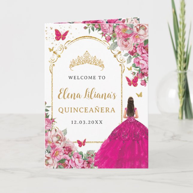Quinceañera Fuchsia Gold Padrinos Events Program (Front)