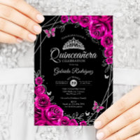 Quinceanera Fuchsia Pink Black Silver Floral
