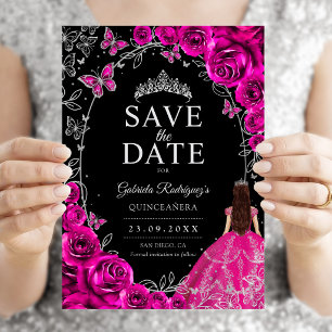 Quinceanera Fuchsia Pink Black Silver Save The Date