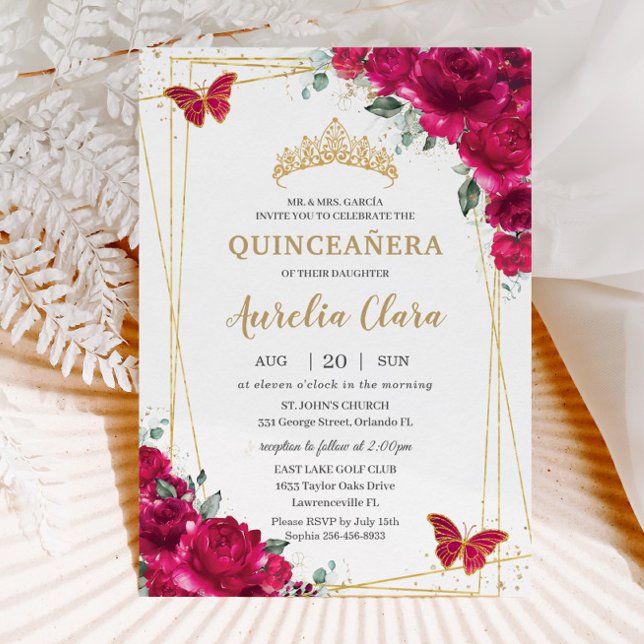 Quinceañera Fuchsia Pink Floral Butterflies Tiara Invitation (Creator Uploaded)