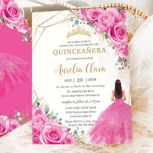Quinceañera Fuchsia Pink Floral Princess  Gold Invitation
