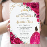 Quinceañera Fuchsia Pink Floral Princess Gown Gold Invitation<br><div class="desc">Personalise this lovely quinceañera invitation with own wording easily and quickly,  simply press the customise it button to further re-arrange and format the style and placement of the text.  Matching items available in store!  (c) The Happy Cat Studio</div>