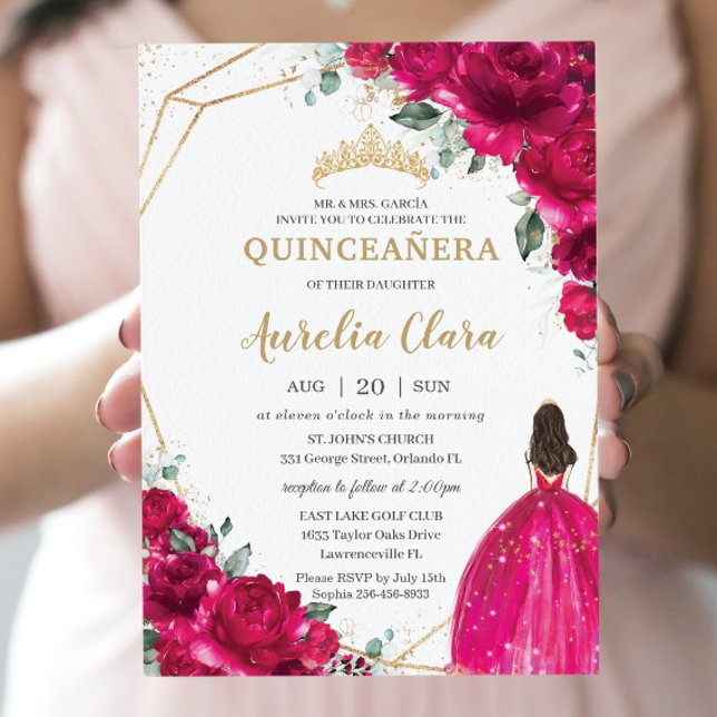 Quinceañera Fuchsia Pink Floral Princess Gown Gold Invitation (Creator Uploaded)