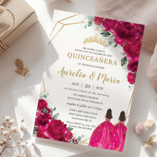 Quinceañera Fuchsia Pink Floral Twins Princesses  Invitation