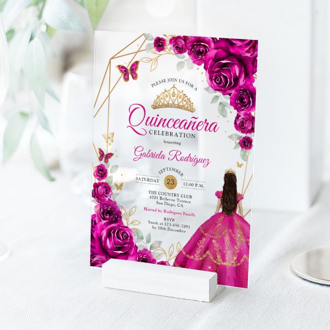 Quinceanera Fuchsia Pink Gold Dress Acrylic Invitations (Creator Uploaded)