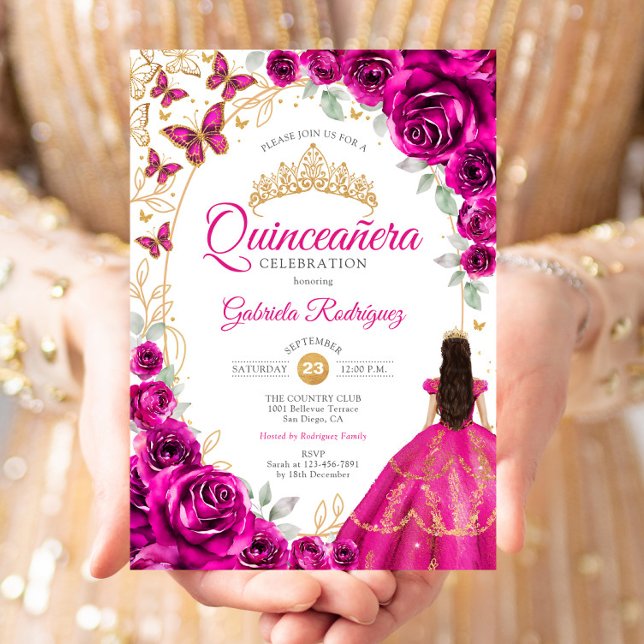 Quinceanera Fuchsia Pink Gold Floral Invitation (Creator Uploaded)