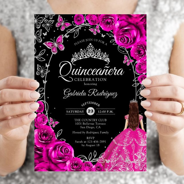 Quinceanera Fuchsia Pink Silver Black Invitation (Creator Uploaded)