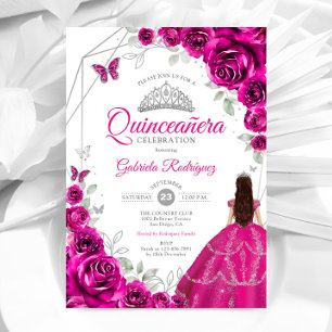 Quinceanera Fuchsia Pink Silver Dress Invitation