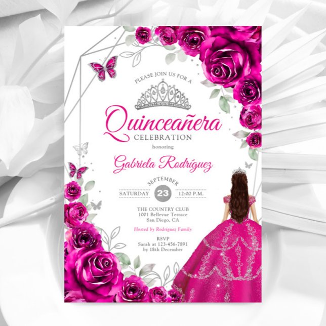 Quinceanera Fuchsia Pink Silver Dress Invitation (Creator Uploaded)