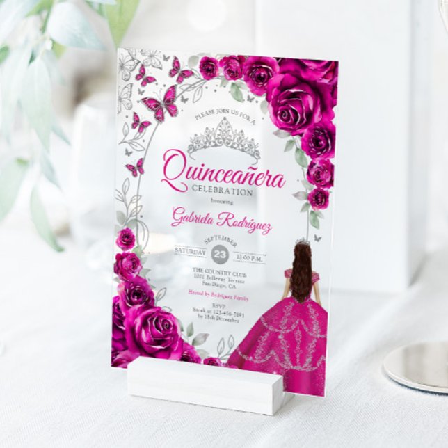 Quinceanera Fuchsia Pink Silver Floral Acrylic Invitations (Creator Uploaded)