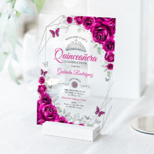 Quinceanera Fuchsia Pink Silver Floral Acrylic Invitations