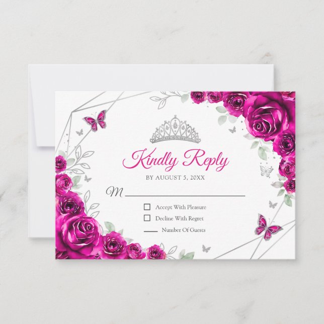 Quinceanera Fuchsia Pink Silver Floral Reply RSVP Card (Front)