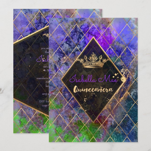 Quinceanera/Galaxy/Neon Purple/Princess/Crown Invitation (Front/Back)