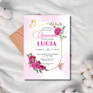Quinceañera Geometric Pink Fuchsia Floral Gold  Invitation