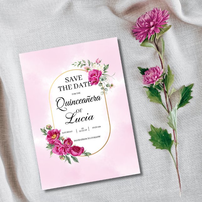 Quinceañera Geometric Pink Fuchsia Floral Gold Save The Date (Creator Uploaded)